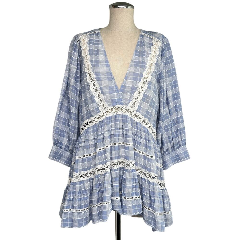 Free People Cotton Plaid Tunic Top Blue Crochet Lace Size S Boho Cottagecore